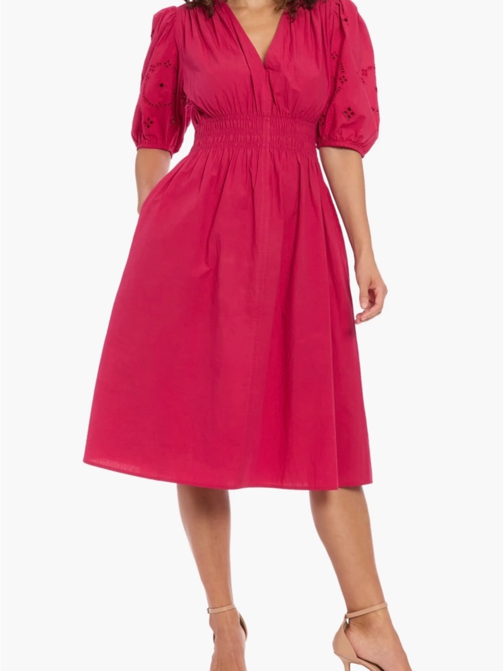 Maggy London Fuchsia Puff Sleeve Midi Dress